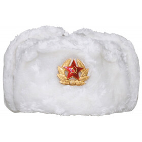 Russian fur cap, white, with badge