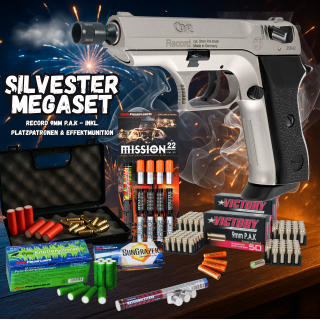 NEW YEARS EVE MEGASET !!! Shotgun - RECORD Model COP VN. - 9 mm P.A.K. incl. case, 100 blanks & 90 rounds of effect ammunition
